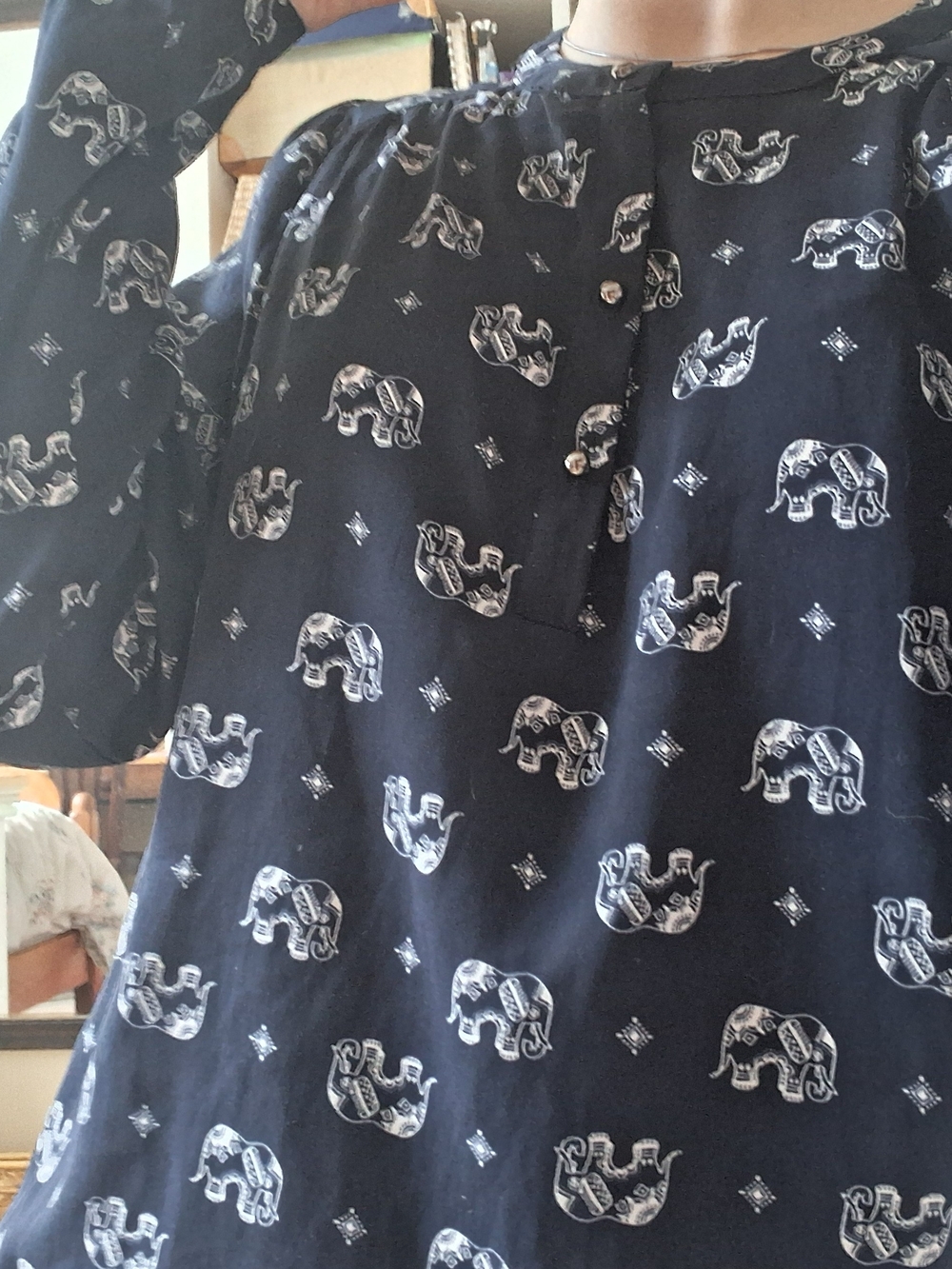 Simons Navy and White Elephant-Print Button Front Top